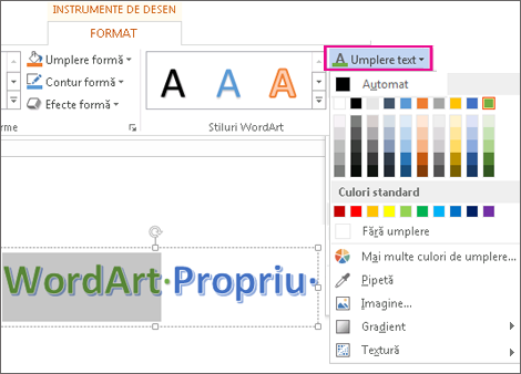 Galeria Culori de umplere text de pe fila Format Instrumente de desen
