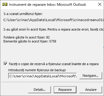 Afișează rezultatele unui fișier de date Outlook .pst scanat utilizând instrumentul de reparare Microsoft Inbox, SCANPST.EXE