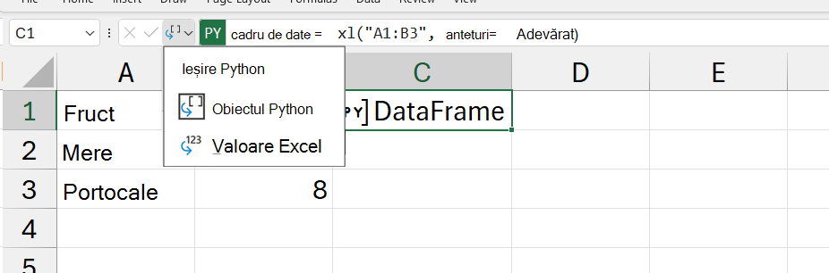 Meniul de ieșire Python deschis în Excel.