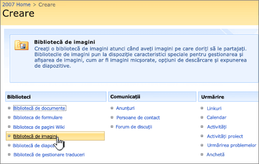 Selectarea bibliotecii de imagini din lista de biblioteci de sub Creare