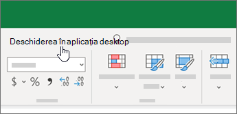 Deschiderea în aplicația desktop în partea de sus a registrului de lucru Excel