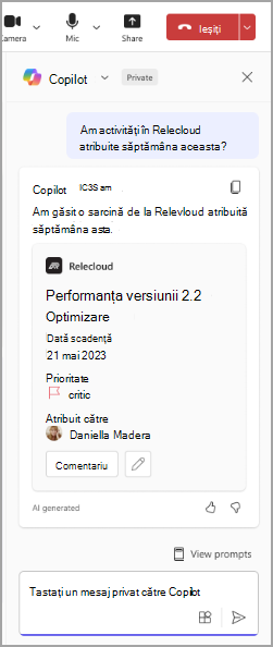 Captură de ecran cu Copilot, un program de calculator, răspunzând unui prompt de utilizator.