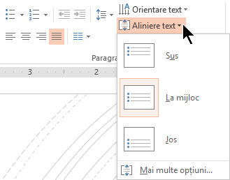 Meniul Aliniere text din panglică vă permite să decideți dacă textul este aliniat vertical în partea de sus sau de jos a containerului său sau centrat vertical la mijloc.
