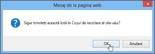 Caseta de dialog de confirmare a ștergerii listei, cu OK evidențiat