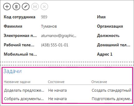 Представление в веб-приложении Access с задачами, отображенными в элементе управления связанными элементами.