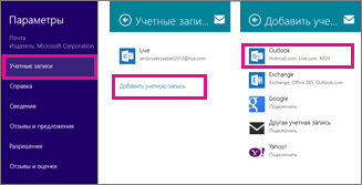 Страницы меню Почты Windows 8: "Параметры" > "Учетные записи" > "Добавить учетную запись"
