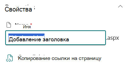 Имя страницы в разделе сведений о странице