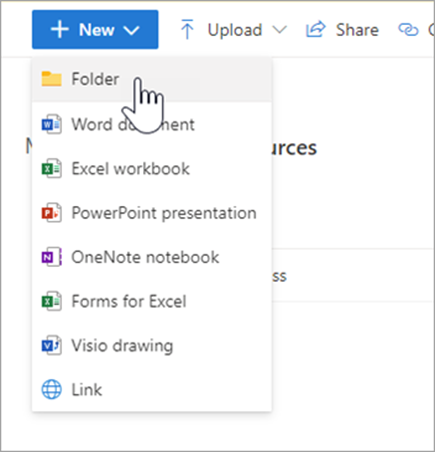 Снимок экрана выпадающего меню в Onedrive с указателем мыши, наведенным на элемент "папка"