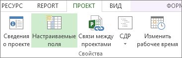 Команда "Настраиваемые поля" на вкладке "Проект"