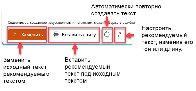 Снимок экрана панели рекомендуемого текста с четырьмя кнопками: "заменить", "вставить ниже", "восстановить" и "настроить".