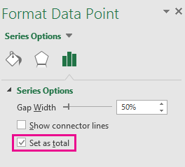 Область задач "Формат точки данных" с установленным флажком "Задать как итог" в Office 2016 для Windows