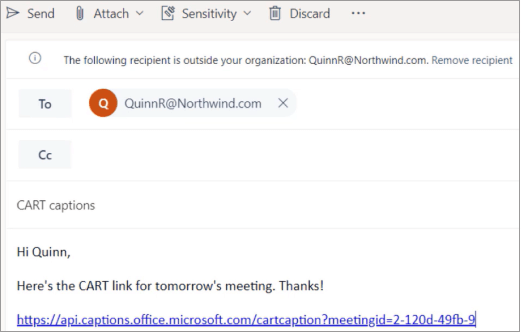 Пример сообщения электронной почты, в котором показано, как отправить ссылку на субтитры CART в профессиональный заголовок CART.