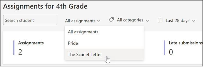 снимок экрана: доступные фильтры в представлении "Задания и оценки" Аналитика. вы можете выполнять поиск по учащимся, по заданию по тегу или по дате.