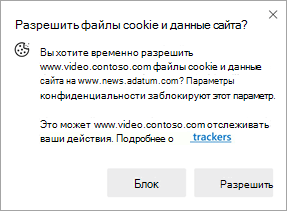Снимок экрана: уведомление, появляющееся при запросе сайтом разрешений на использование файлов cookie и данных сайта на другом сайте