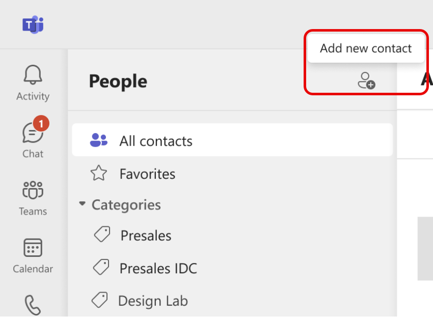 Снимок экрана: значок "Добавить новый контакт" в приложении "Люди" в Teams