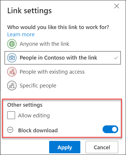 Параметры общего доступа OneDrive с выделением параметра "Заблокировать скачивание".