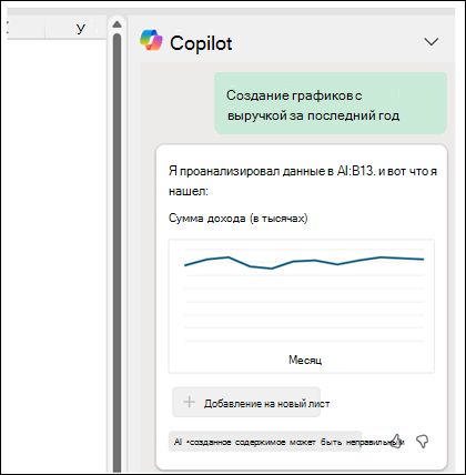 На панели Copilot отображается запрос "Создать график с доходом за последний год", за которым следует созданная графиковая диаграмма с доходом.