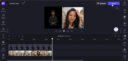 Снимок экрана: страница редактора Clipchamp с указателем на кнопку Экспорт для сохранения видеоклипа.