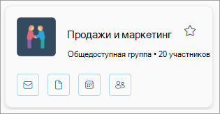 Группа карта отображает имя группы, количество участников и значки для электронной почты, файлов, календаря и участников.