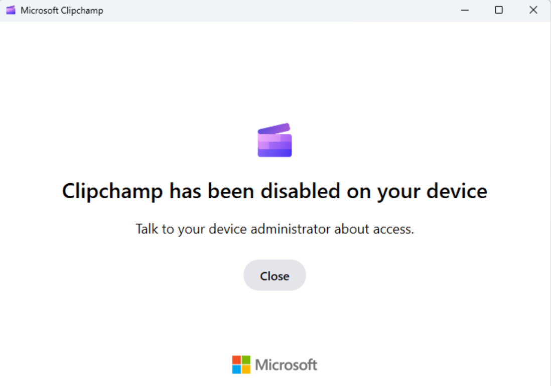 Пользователи приложения Clipchamp для Windows видят этот экран, если доступ заблокирован