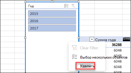 Контекстное меню среза сводной таблицы в Excel в Интернете