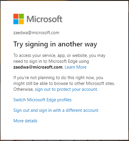 Сообщение, которое отображается, когда требуется вход в браузер Microsoft Edge