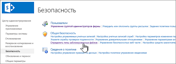 Указание блокируемых файлов на странице безопасности в Центре администрирования