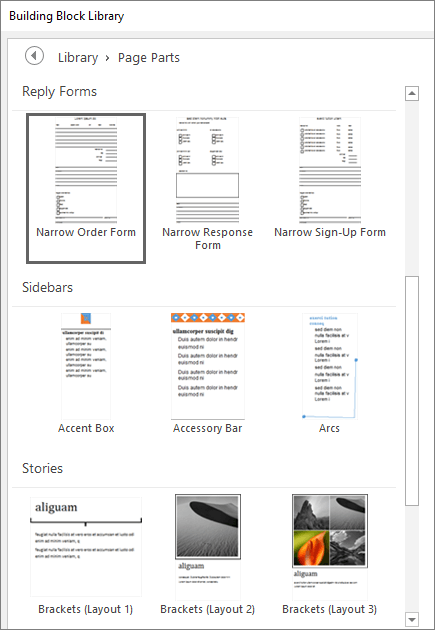 Снимок экрана: часть окна библиотеки стандартных блоков с эскизами в категории "Части страницы"