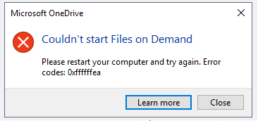 Ошибка OneDrive: Не удалось запустить "Файлы по запросу". Перезагрузите компьютер и повторите попытку. Коды ошибок: <error code>