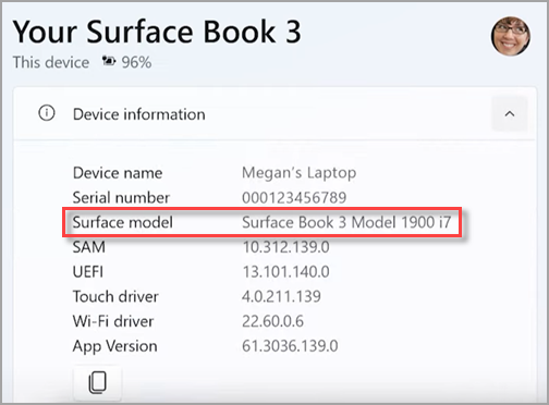 Поиск имени модели устройства Surface в приложении Surface.