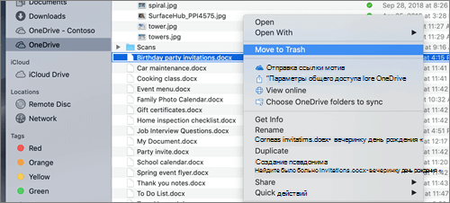 Выбор меню правой кнопкой мыши для удаления файла из OneDrive в Mac Finder
