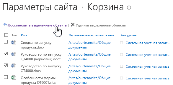 Корзина 2-го уровня в SharePoint 2013 с выделенной кнопкой восстановления