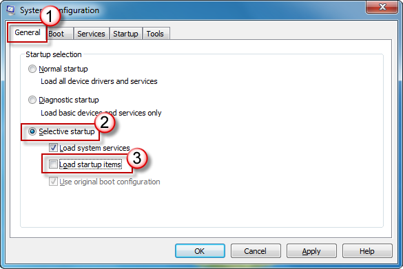 System Configuration - General tab - Selective startup option checked