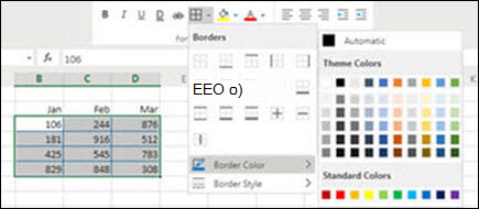 Добавление цветов границы в Excel в Интернете