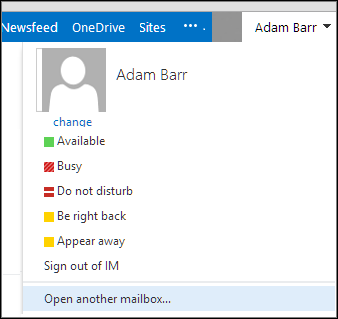Меню "Открыть другой почтовый ящик" в Outlook Web App
