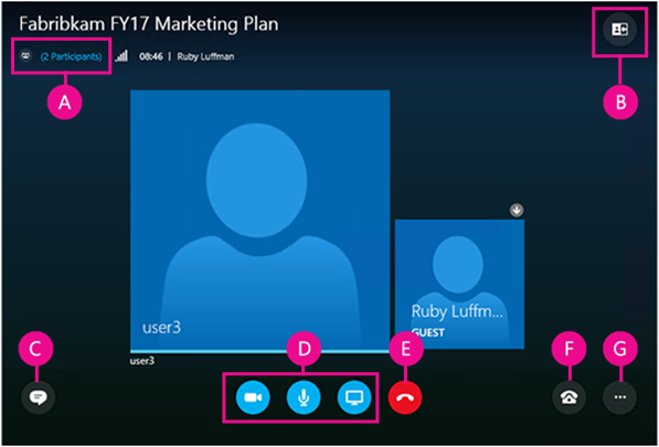 Окно приложения Skype для бизнеса Web App с обозначением каждого элемента пользовательского интерфейса