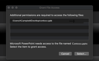 Диалоговое окно с mac OS, требующей дополнительных разрешений для доступа к файлу.