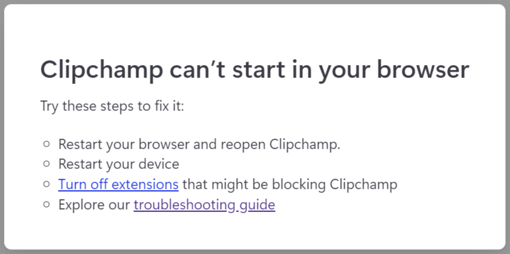 Сообщение об ошибке Clipchamp — оборудование не поддерживается