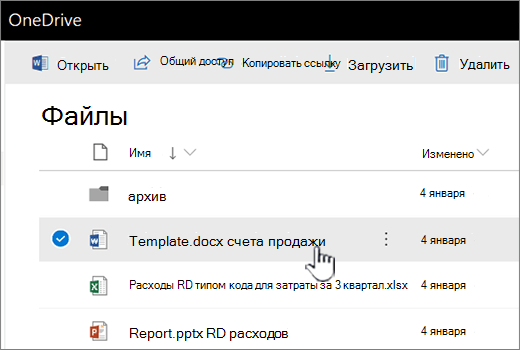 OneDrive с выбранной командой "файл"