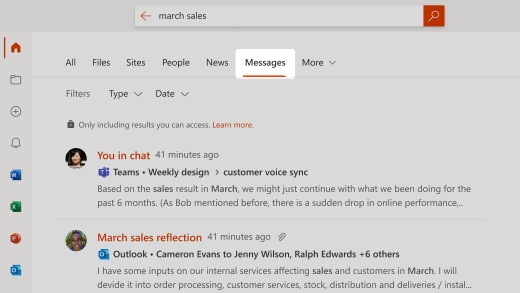 Страница результатов поиска с вертикальными активными сообщениями и результатами сообщений Outlook и Teams.