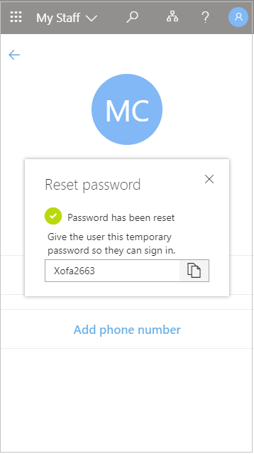Копирование временного пароля пользователя после сброса в окну "Мой персонал"