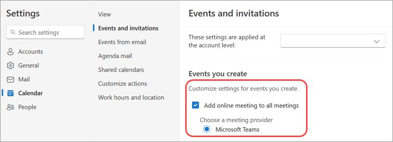 В параметрах календаря сделайте microsoft поставщиком собраний по умолчанию.
