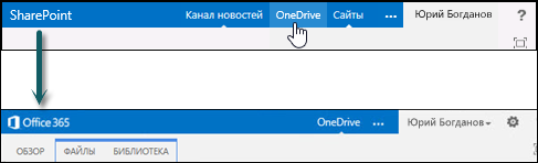 Чтобы перейти к библиотеке OneDrive для бизнеса в Office 365, выберите OneDrive в окне SharePoint