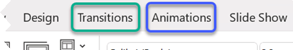 Частичное изображение ленты PowerPoint с акцентом на вкладках "Переходы" и "Анимация".