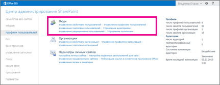 Снимок экрана Центра администрирования SharePoint Online с выбранной страницей профилей пользователей.