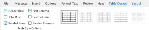 Параметр "Заголовки таблицы", выбранный на ленте в Outlook.