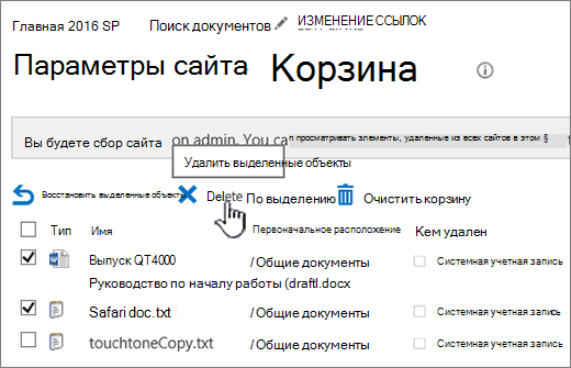 Корзина SharePoint 2016 с выбранной кнопкой "Удалить"