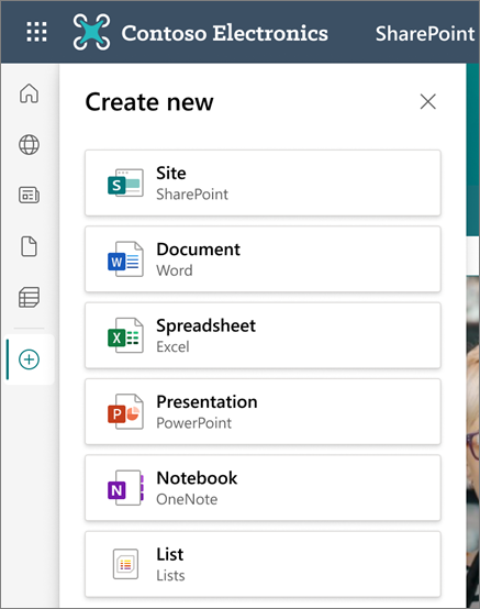Снимок экрана: команда create на панели приложения SharePoint