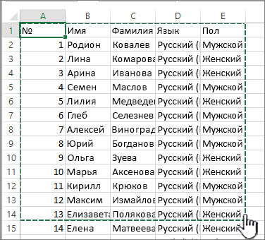 Электронная таблица Excel с выделенным диапазоном