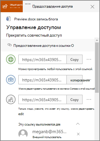 Снимок экрана: панель управления доступом, на которой показаны ссылки для общего доступа.